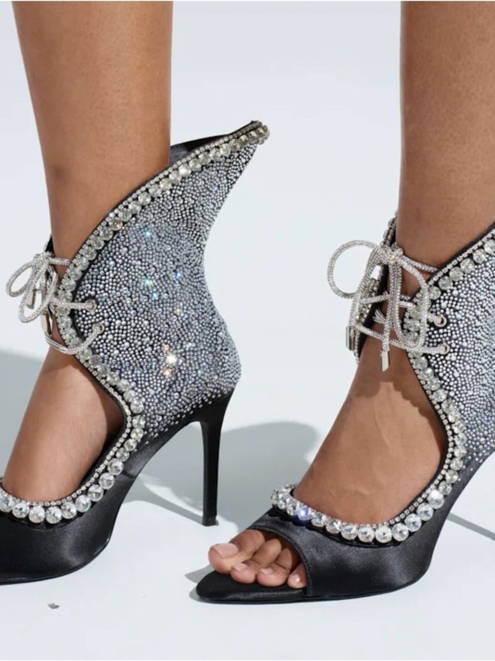 Crystal-Embellished Black Lace-Up Peep-Toe Heels